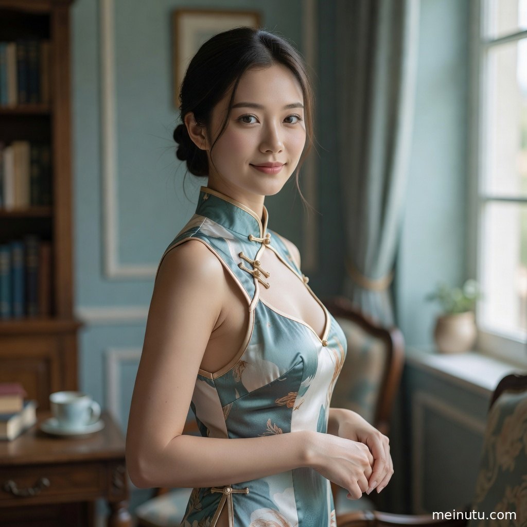 俯拍视角记录旗袍美女的优雅坐姿与现代东方风格室内场景。