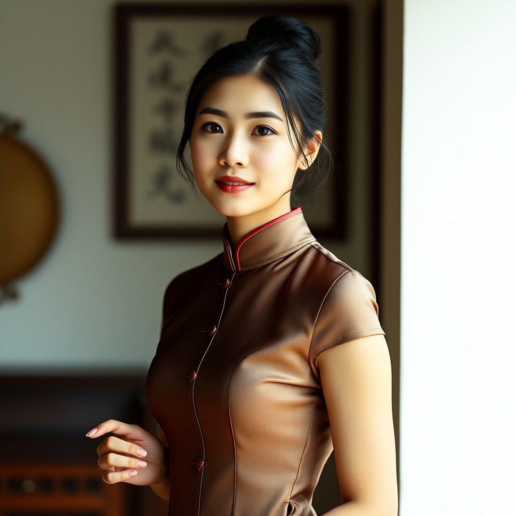 一位女性身着优雅的紫色旗袍，在街头暖色侧光的照射下，展现出迷人的侧影，全身构图。
