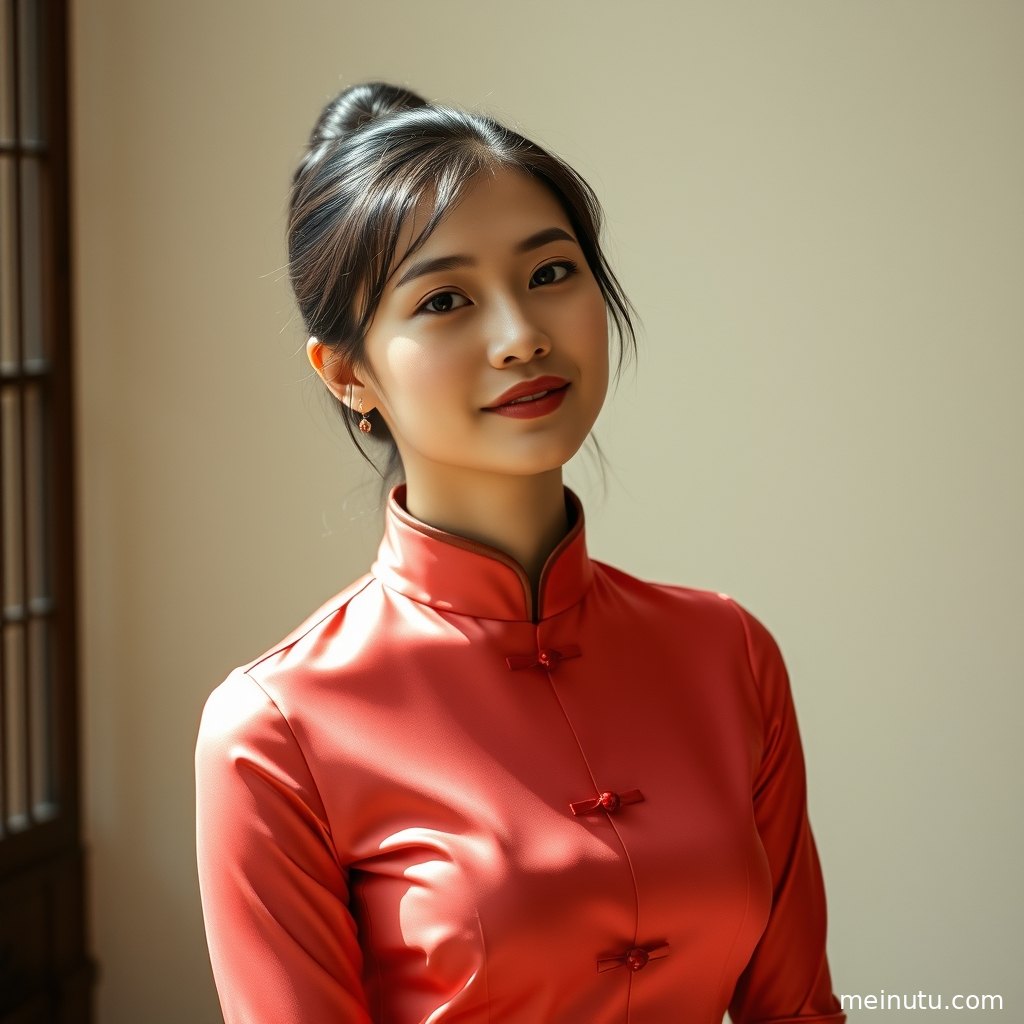 紫色旗袍的丝绸材质在暖色侧光下熠熠生辉，映衬出女性的婀娜身姿，全身镜头捕捉。