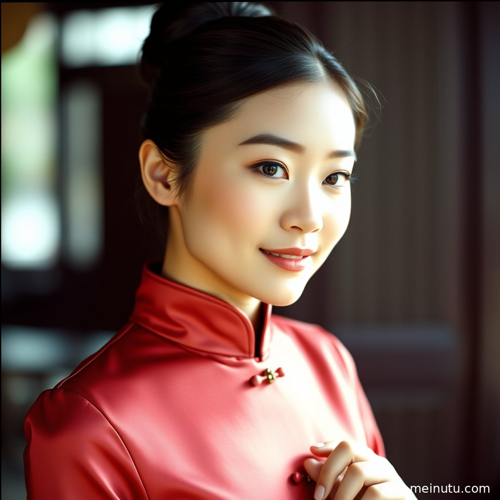 古典韵味的紫色旗袍与现代街景交融，暖色侧光营造出复古而时尚的氛围，展现女性的独特魅力。