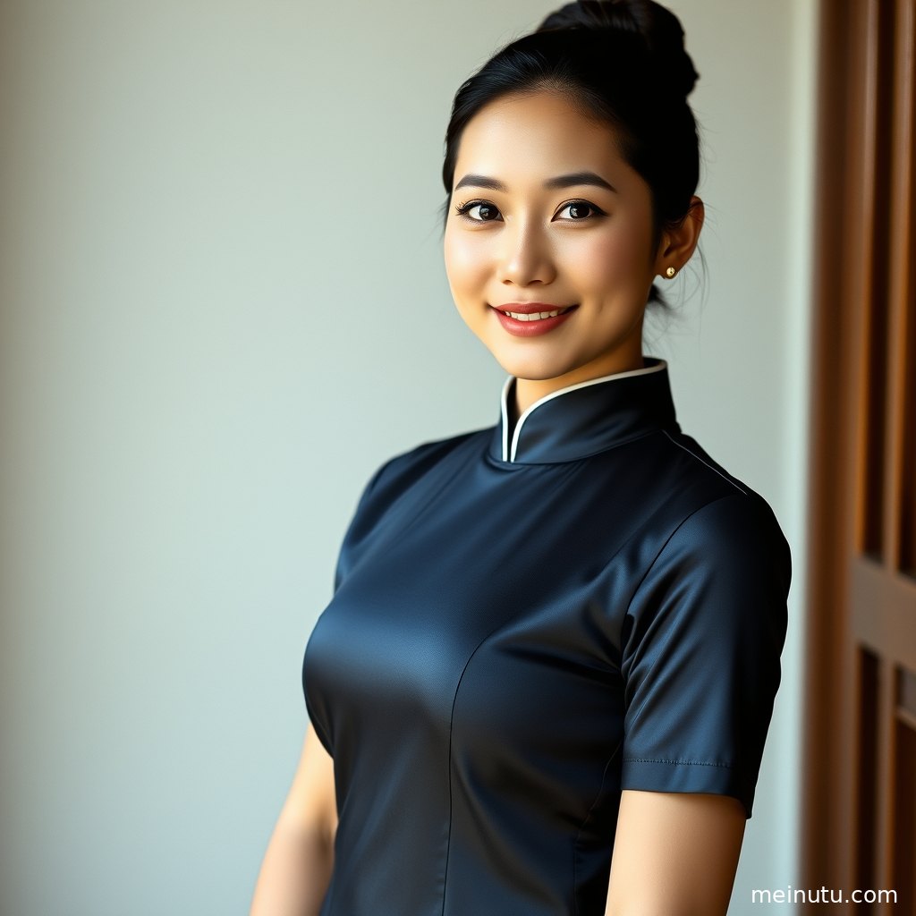 高清镜头下，紫色旗袍的精美细节与女性自信的气质完美结合，全身构图尽显东方之美。