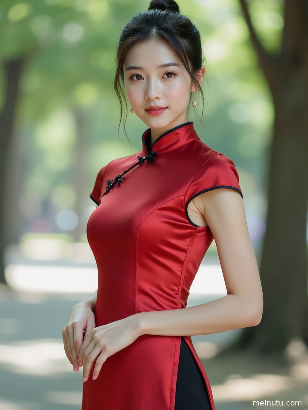 身着华丽丝绸旗袍的女性，在古典园林中展现东方韵味。