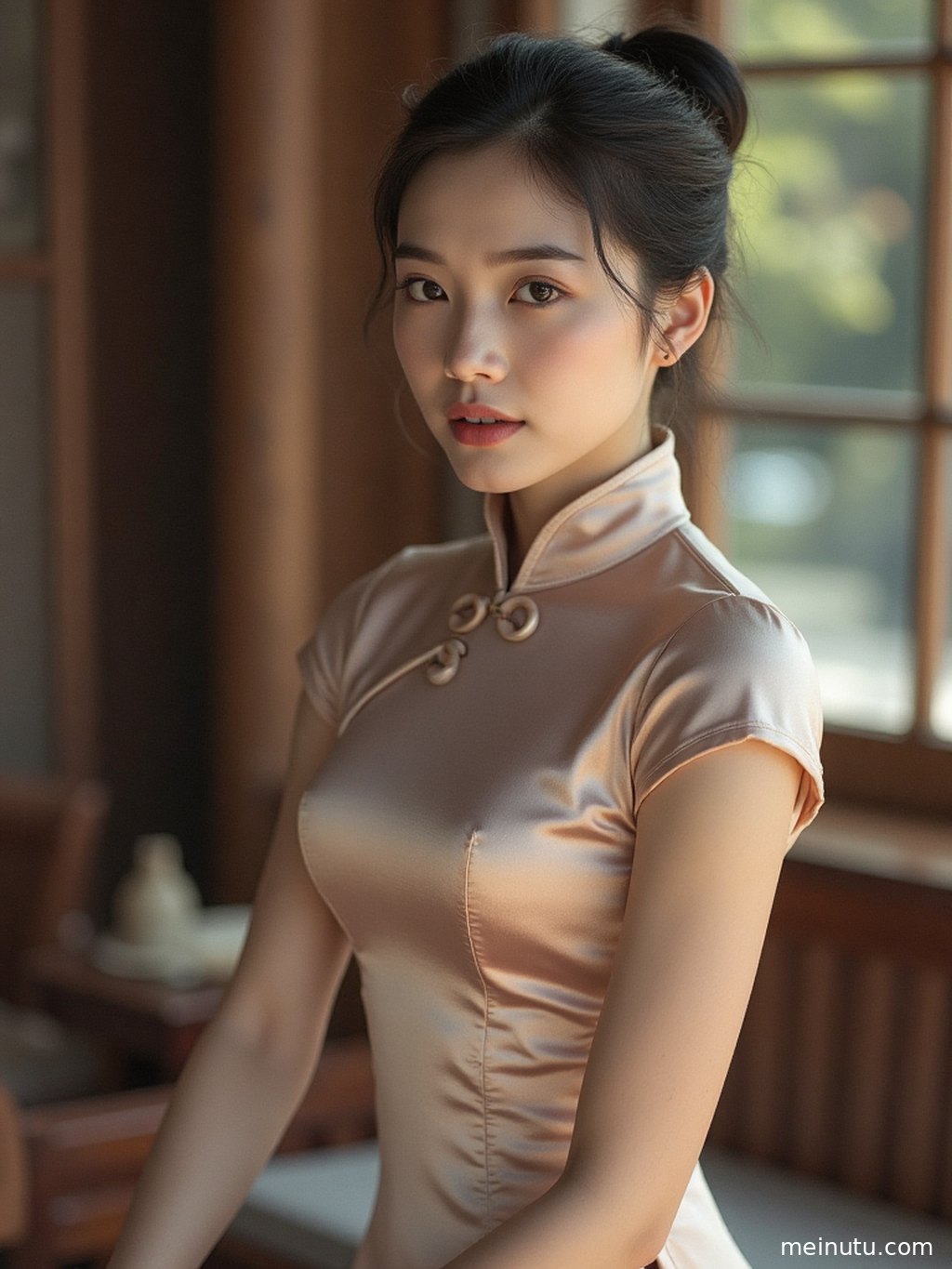 一位女性身着修身丝绸旗袍，侧影婀娜，尽显优雅气质。