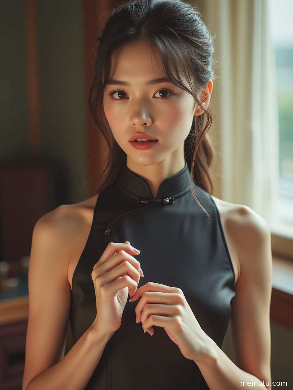 夕阳余晖中，丝绸旗袍的流动光泽与女性的优雅身姿交相辉映。