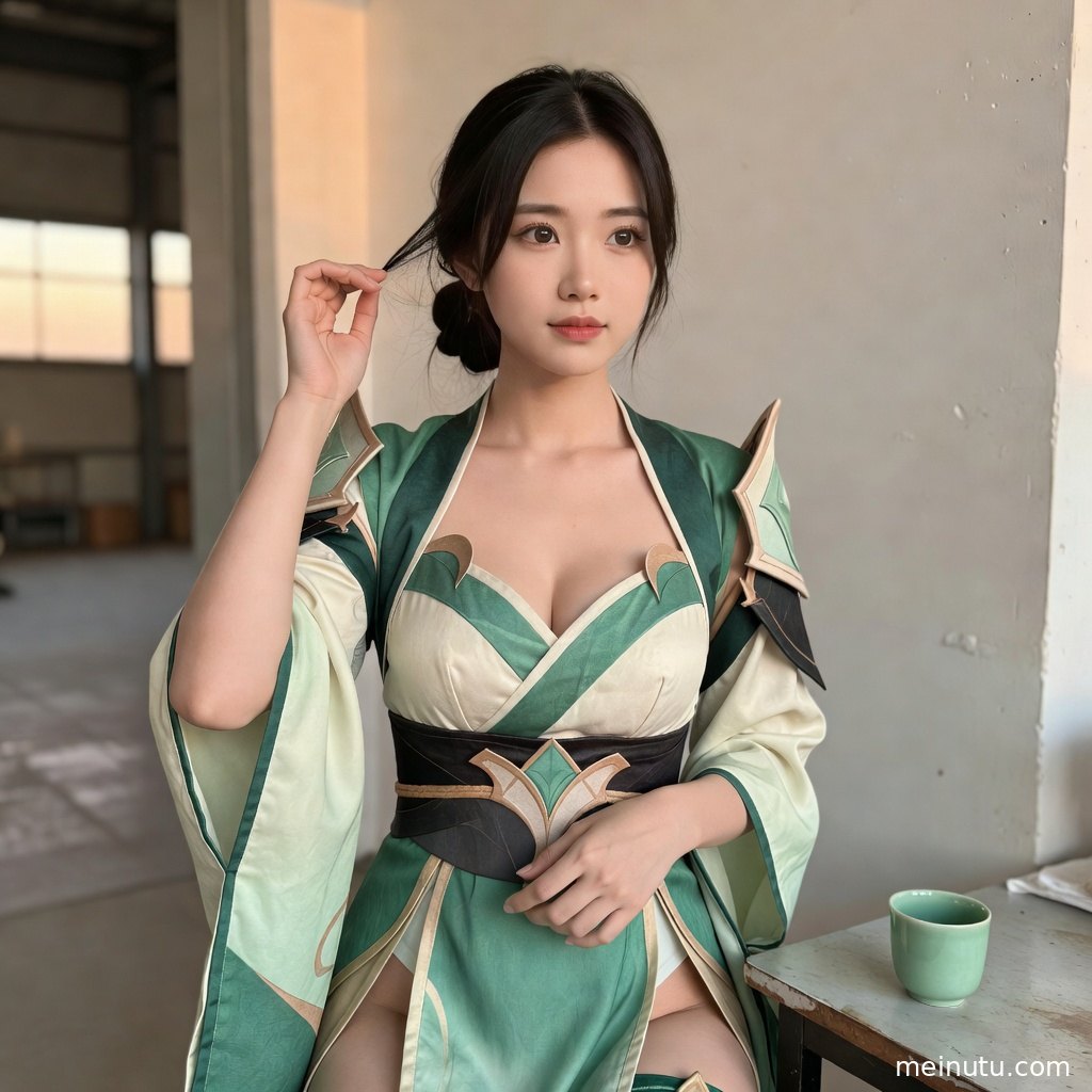 cosplay美女站在暖色暮光场景里，轻盈服饰与柔和发丝呈现梦幻COS写真质感。