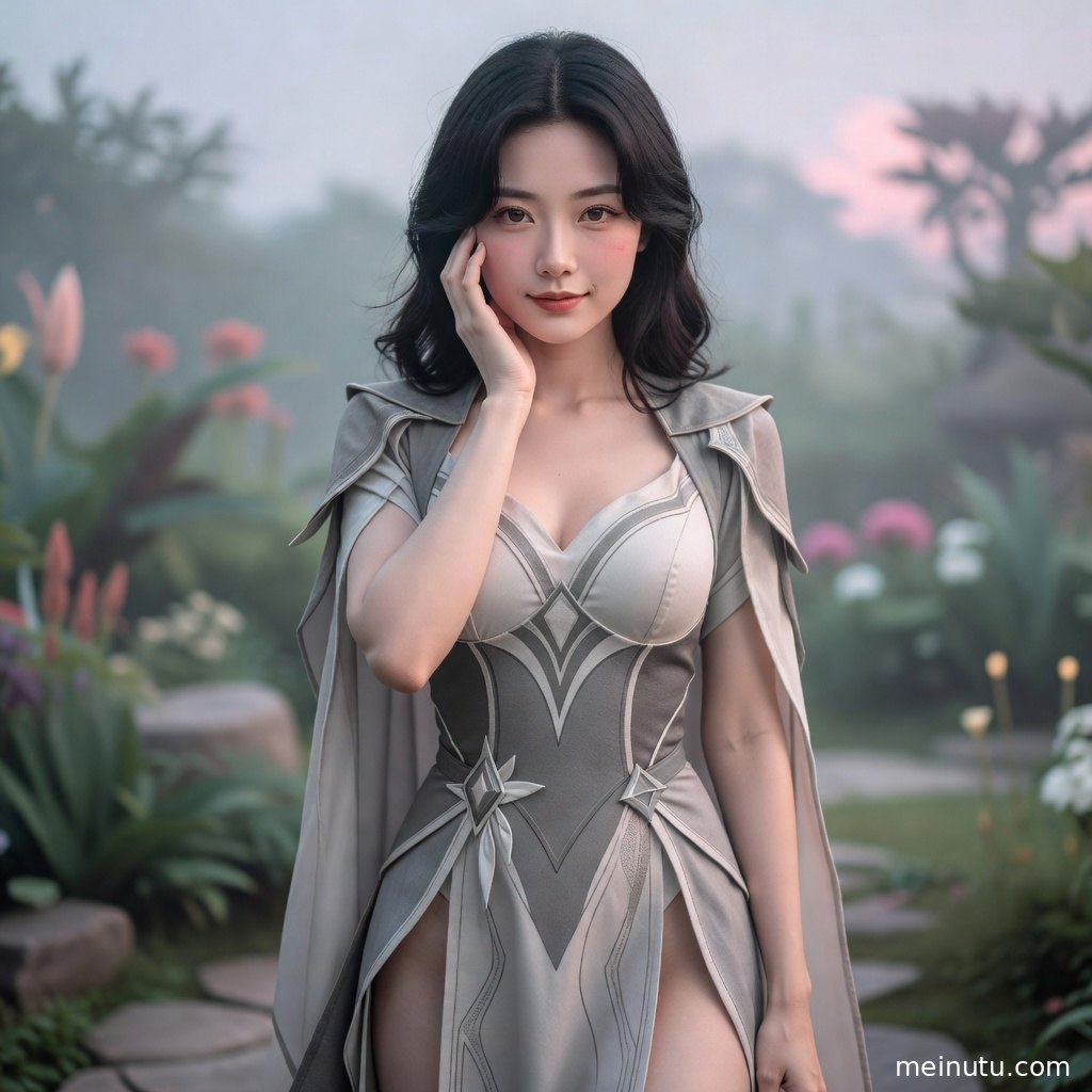 cosplay美女身穿精致动漫cos造型，在展会通道接受清晨自然光拍摄。