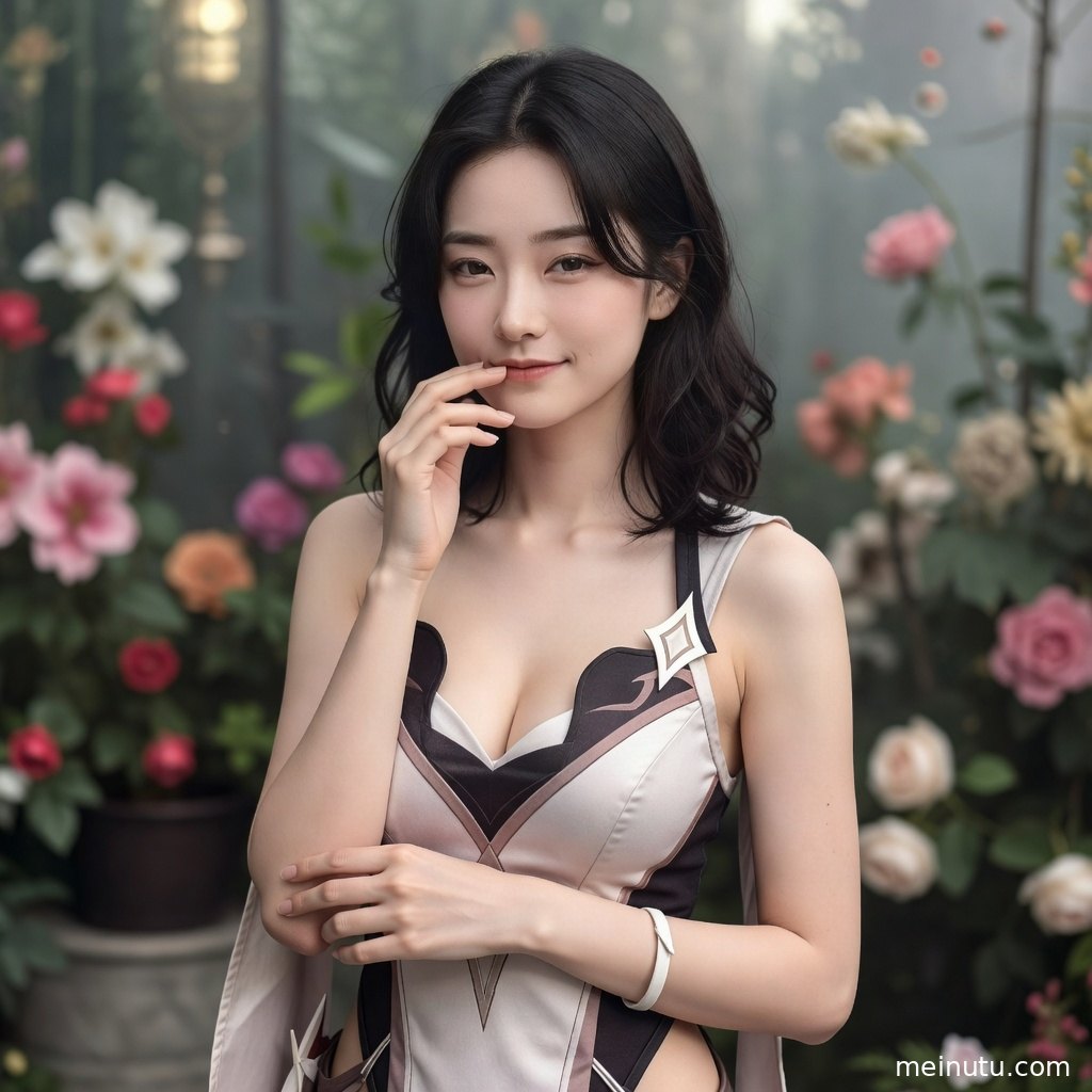年轻成年女性coser以低角度构图入镜，晨光勾勒发饰与服装轮廓。