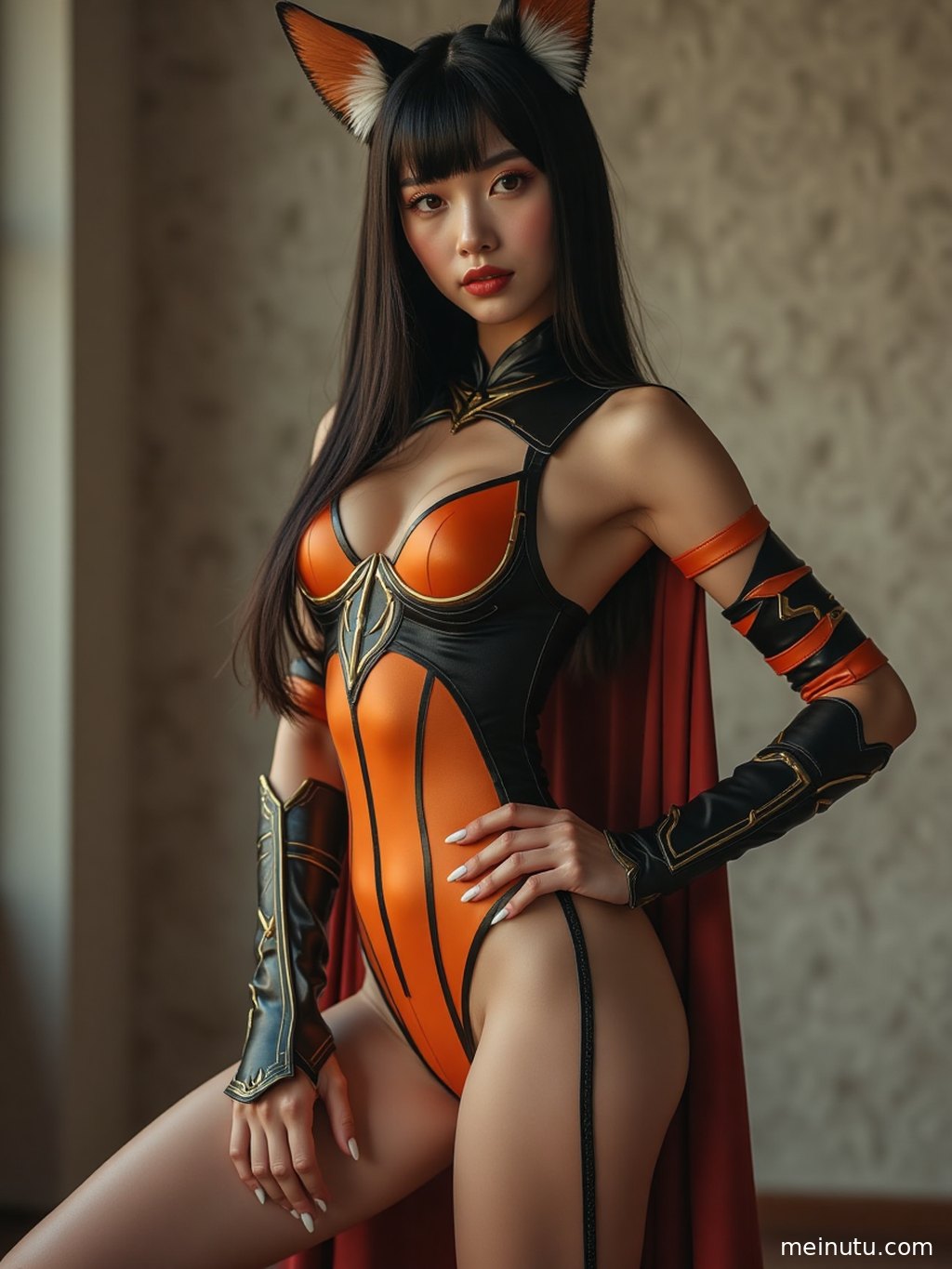 Cosplay girl portrait highlighting costume details, makeup, and soft natural lighting.