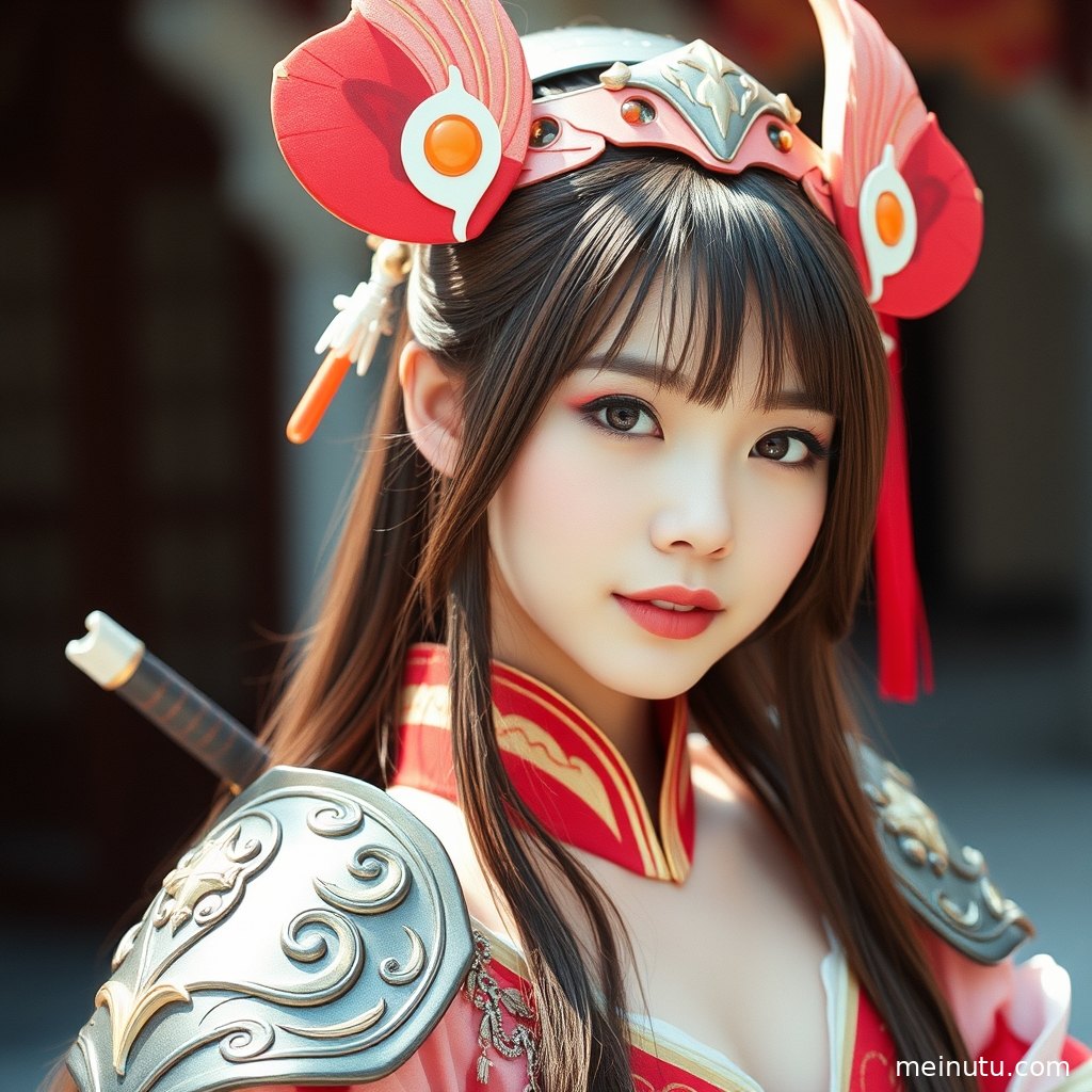 身着二次元服饰的女性在街头进行全身构图的Cosplay街拍，暖色侧光勾勒出迷人轮廓。