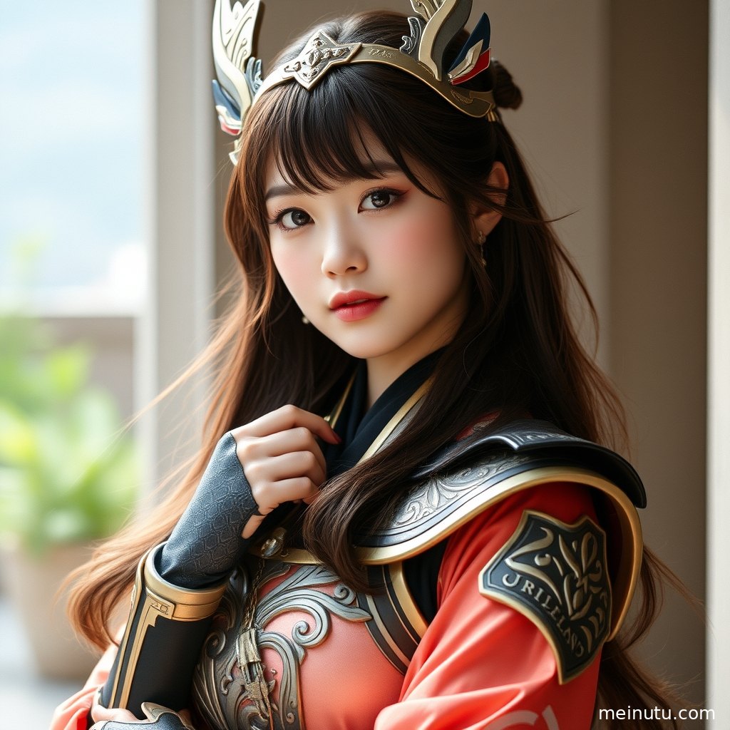 Cosplay二次元主题的街拍写真，女性以全身构图展示华丽服装，暖色侧光营造梦幻氛围。