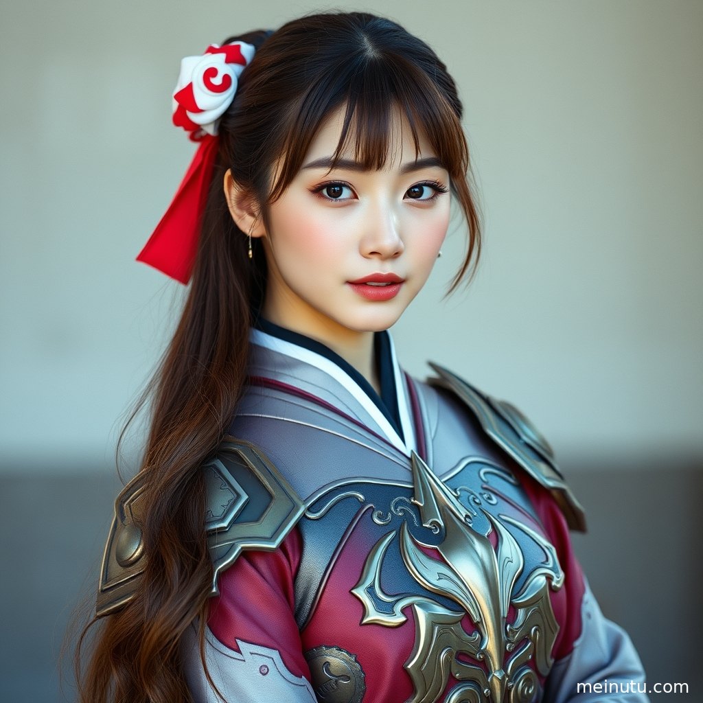 街拍风格的Cosplay二次元写真，女性全身构图，暖色侧光突显服饰细节与人物气质。