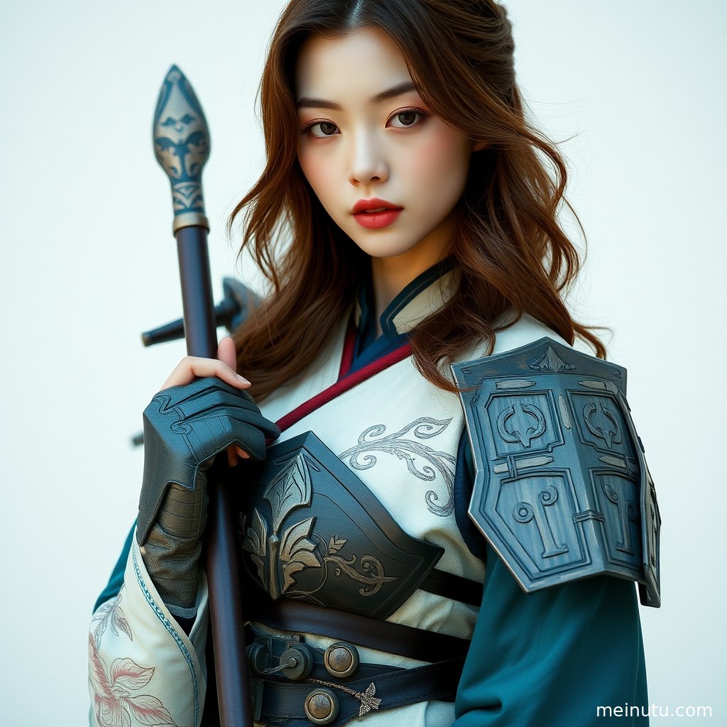 海边柔和逆光下，身着精致Cosplay服装的女性半身肖像，眼神灵动。