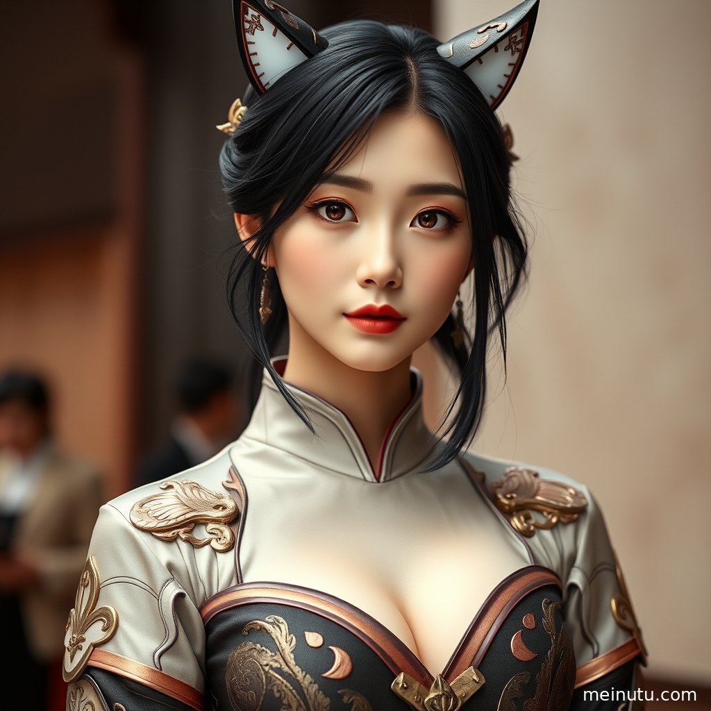 花园背景中的coser写真特写，精致发饰与角色扮演服饰在柔和日光中清晰可见。