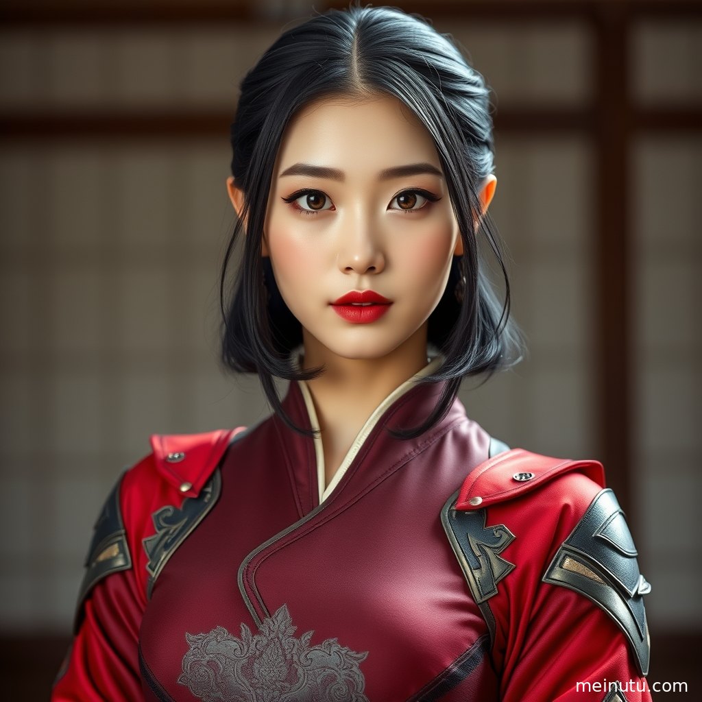 Asian cosplay美女以半身姿态面对镜头，花朵与绿叶营造清新Cosplay摄影氛围。