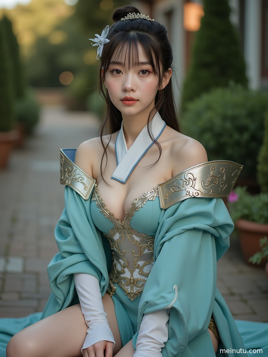 Close-up of cosplay costume craftsmanship under natural courtyard light, showing fabric texture, trims, and refined styling elements.