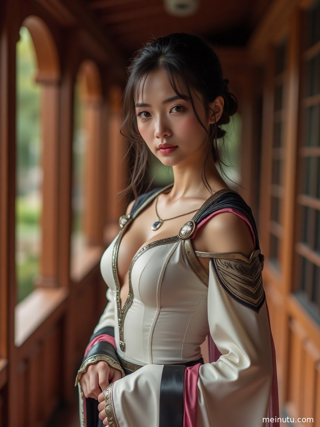 Low-angle courtyard cosplay photography with mixed light and shadow, presenting distinctive costume design and fashion-market appeal.