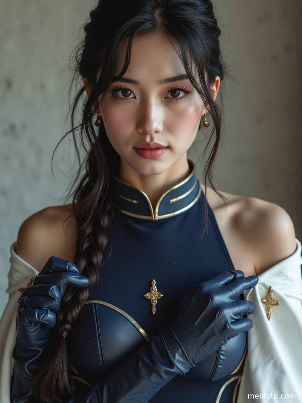 Courtyard greenery and warm daylight frame an adult Asian model in cosplay styling, blending costume design with a graceful portrait mood.