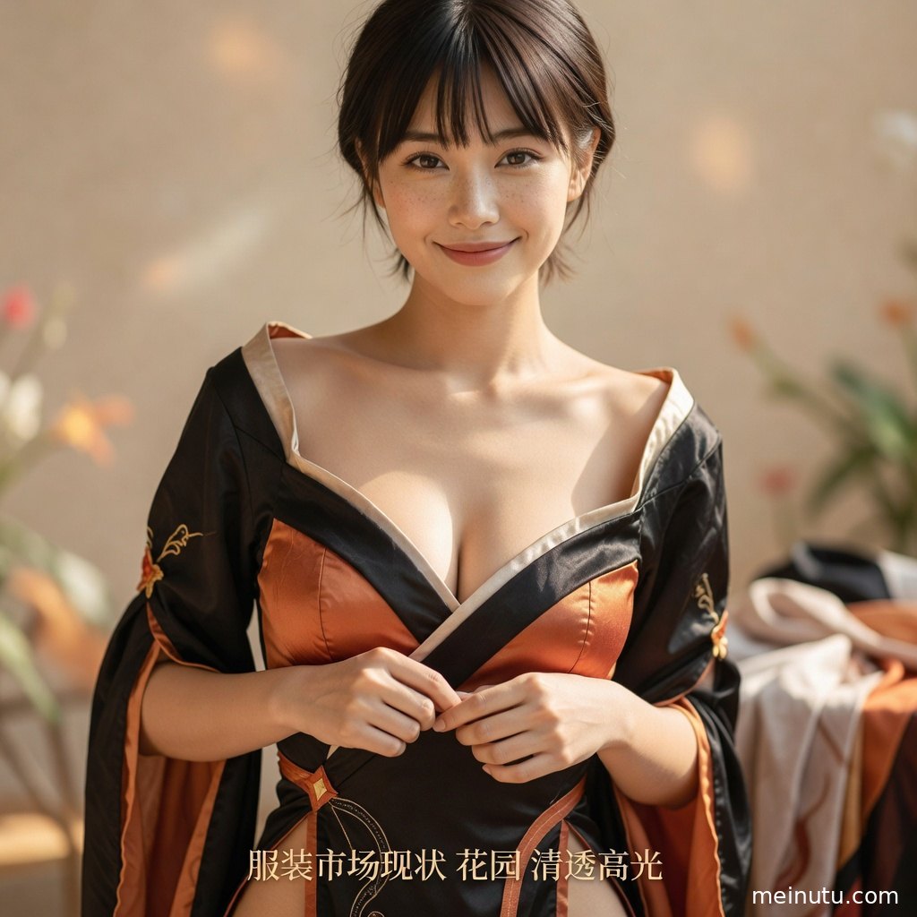 花园绿植背景下的coser写真，成年女子以柔和表情展示角色扮演造型。