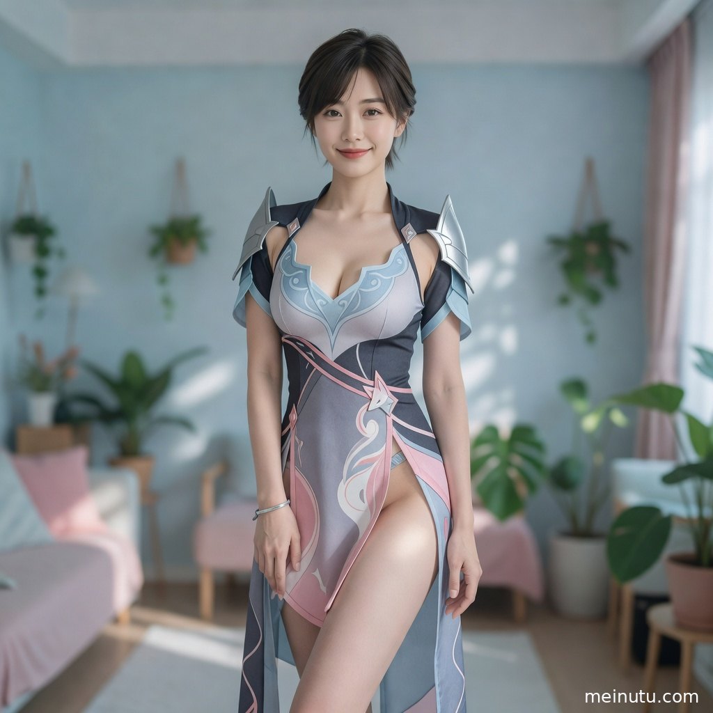 花园场景中的动漫cos图集画面，年轻成年女性以优雅姿态演绎角色氛围。