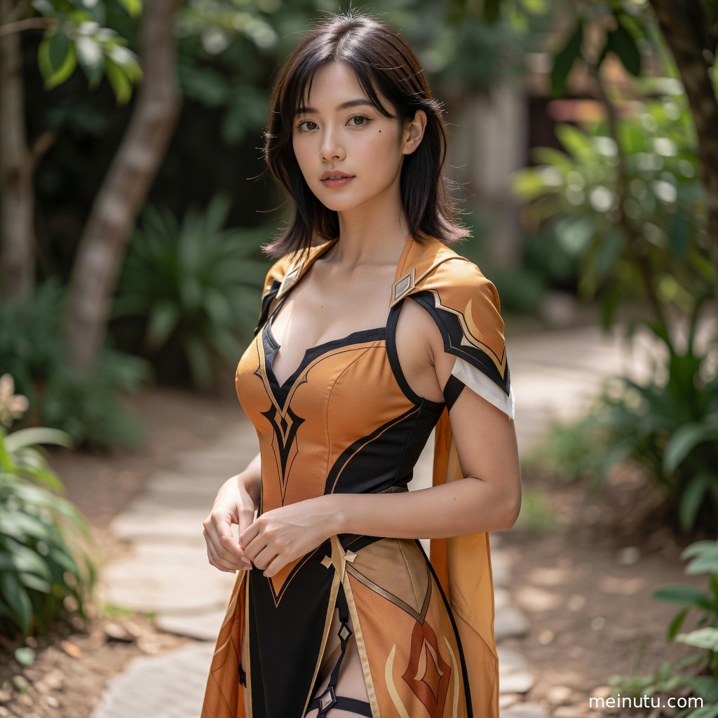 自然光下的角色扮演写真，年轻成年女性面向镜头展现细腻妆容。