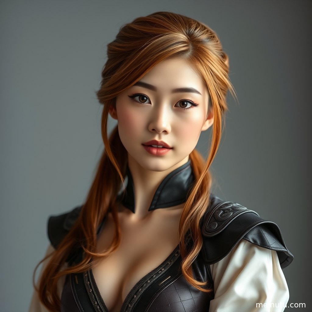 cosplay美女站在暖调室内背景前，柔和侧光突出角色扮演服装的层次细节。