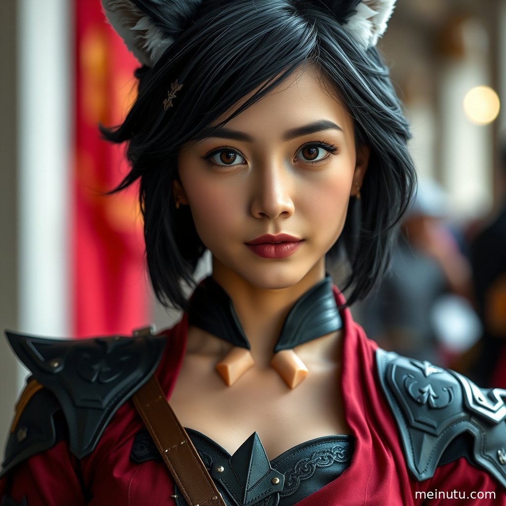 Cosplay漫展风格全身写真，暖色侧光勾勒年轻成年女性的轮廓与服装细节。