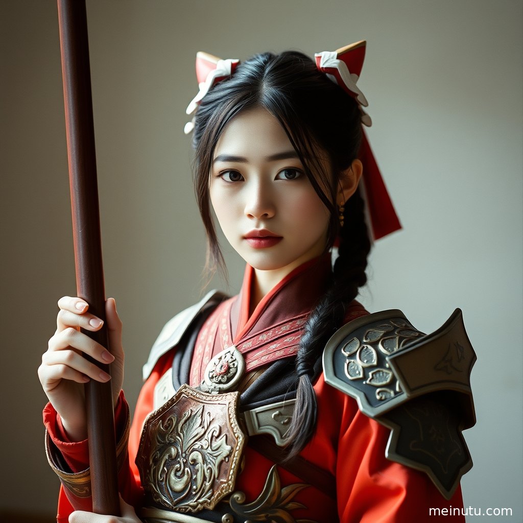 室内柔光环境下，女性Cosplay角色的眼神特写，充满故事感。