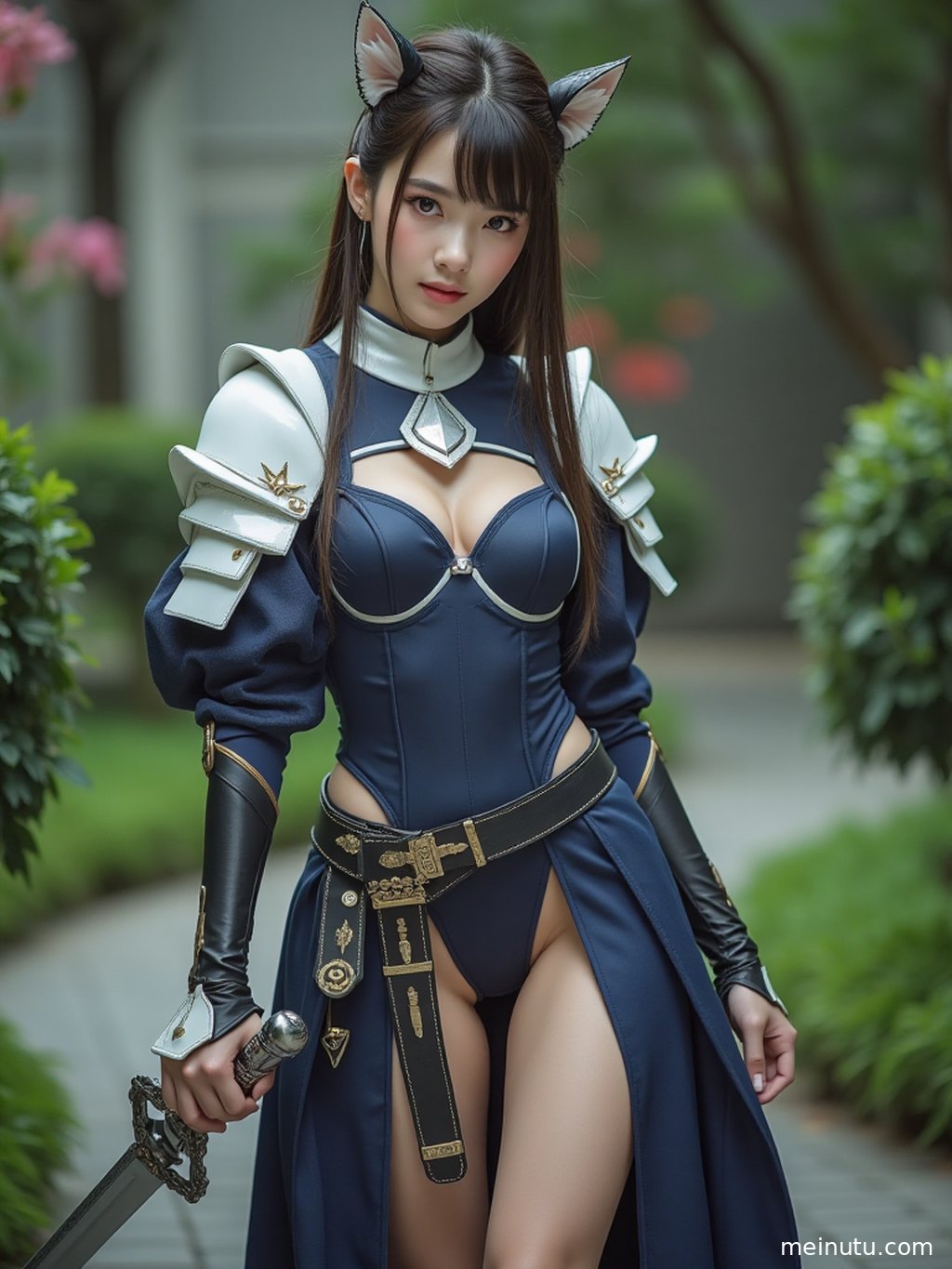 An adult asian woman in an ornate cosplay outfit standing at the end of a vintage corridor with a dreamy expression.