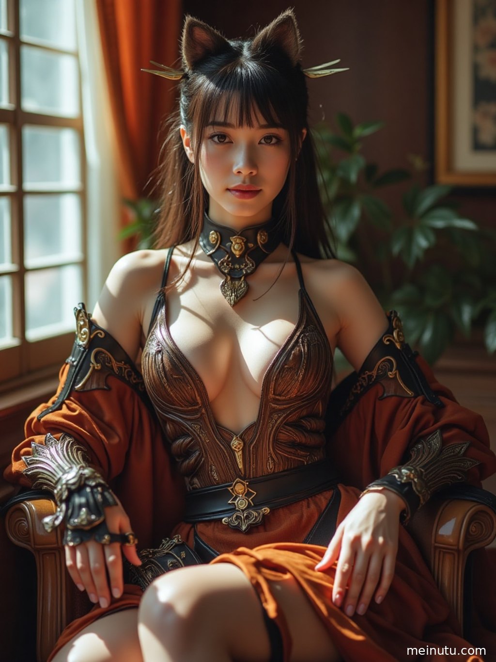 An adult asian woman in cosplay leaning against a corridor wall, softly illuminated by clear highlight lighting.