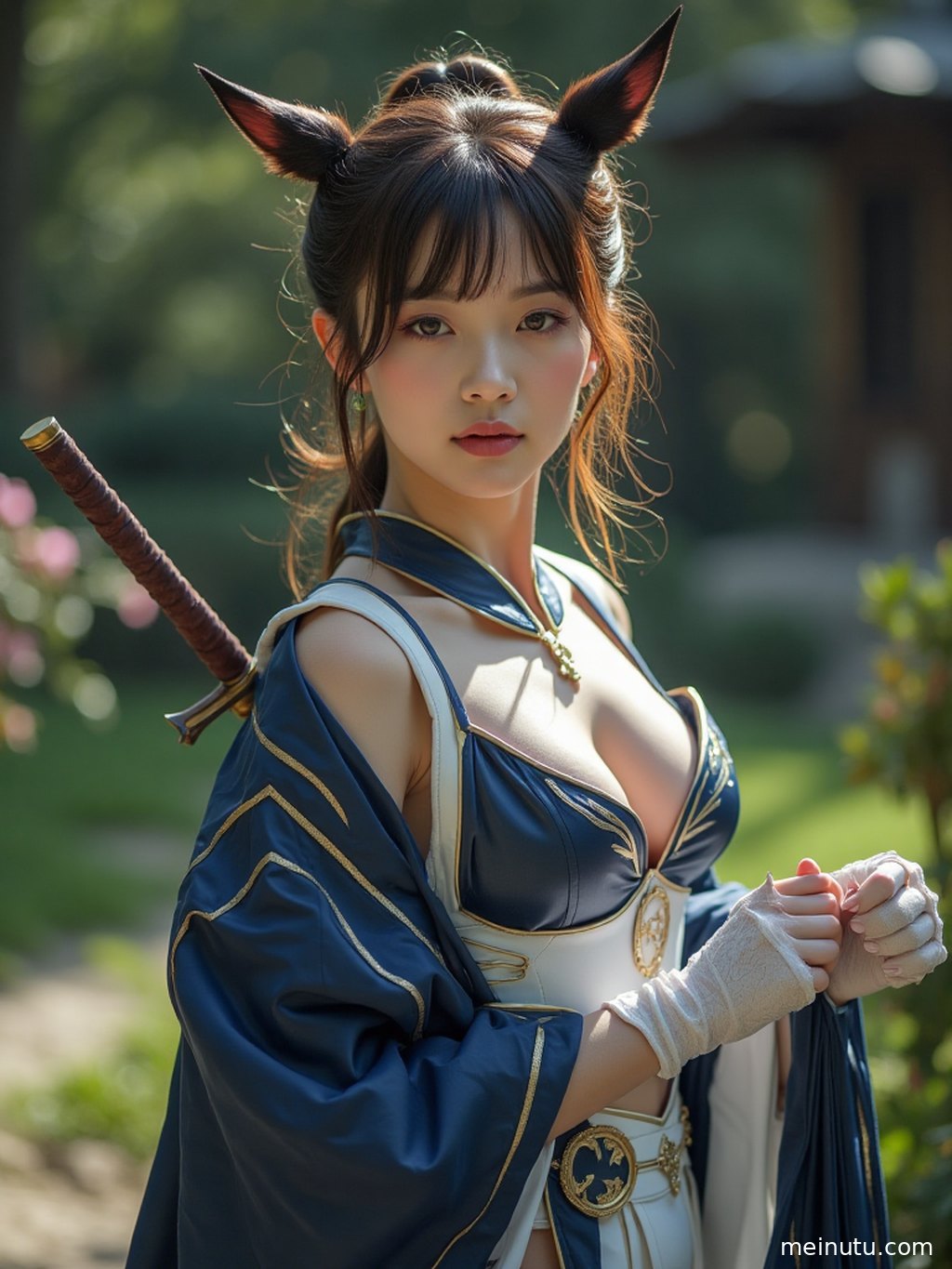 An adult asian woman in character-inspired cosplay posing where shadow and light meet, creating a mysterious cinematic mood.