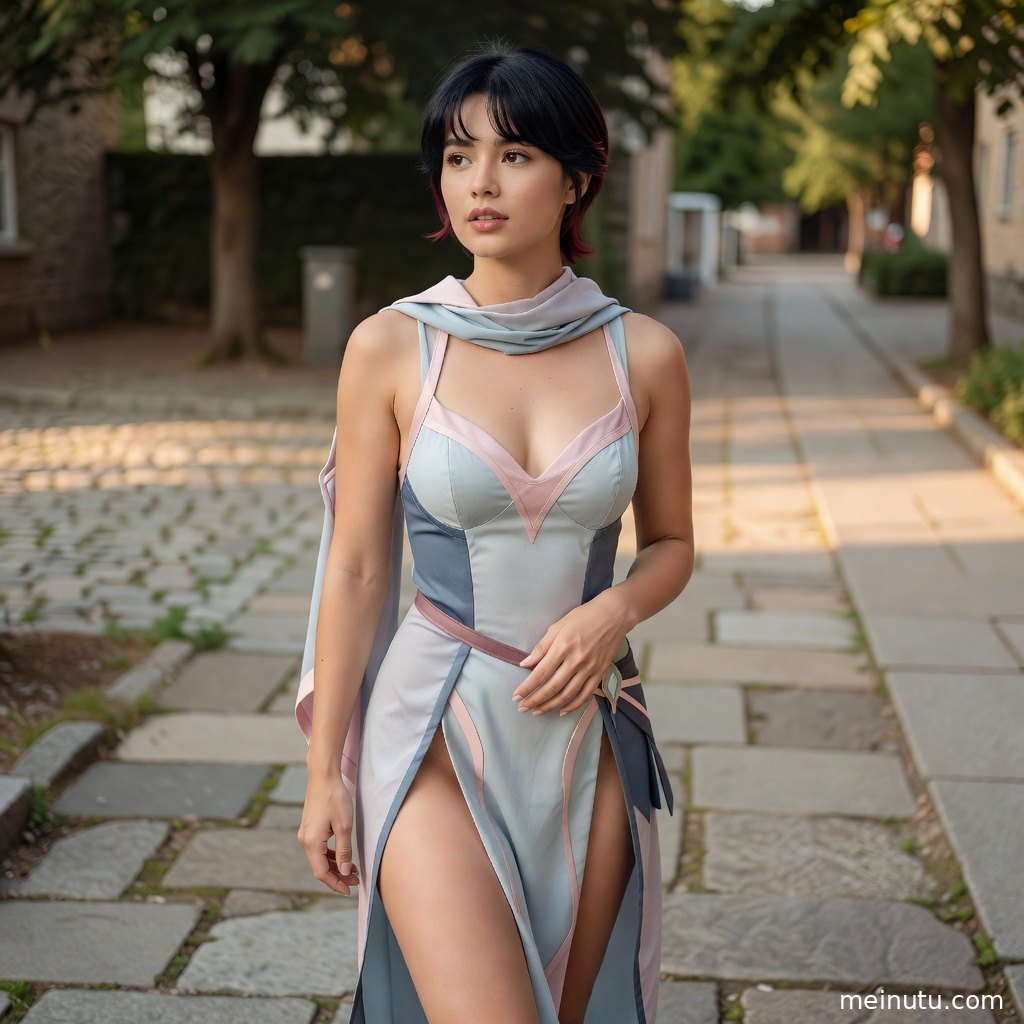 欧美风情cosplay美女在古典庭院中回眸，华丽发饰与披帛呈现角色扮演氛围。
