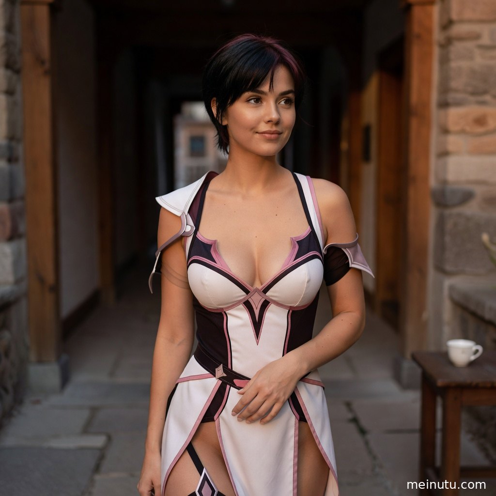 暖色侧光照亮年轻成年女性的奇幻cosplay造型，庭院背景带来柔和华丽质感。