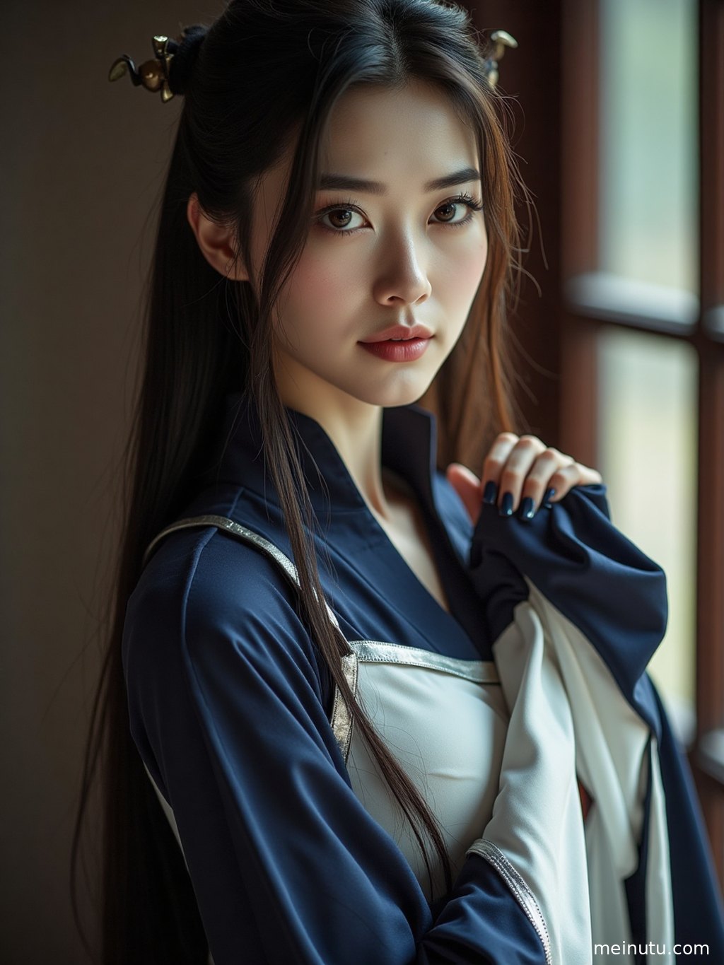 Close-up side profile of an adult asian woman in warm seaside backlight with a gentle expression.