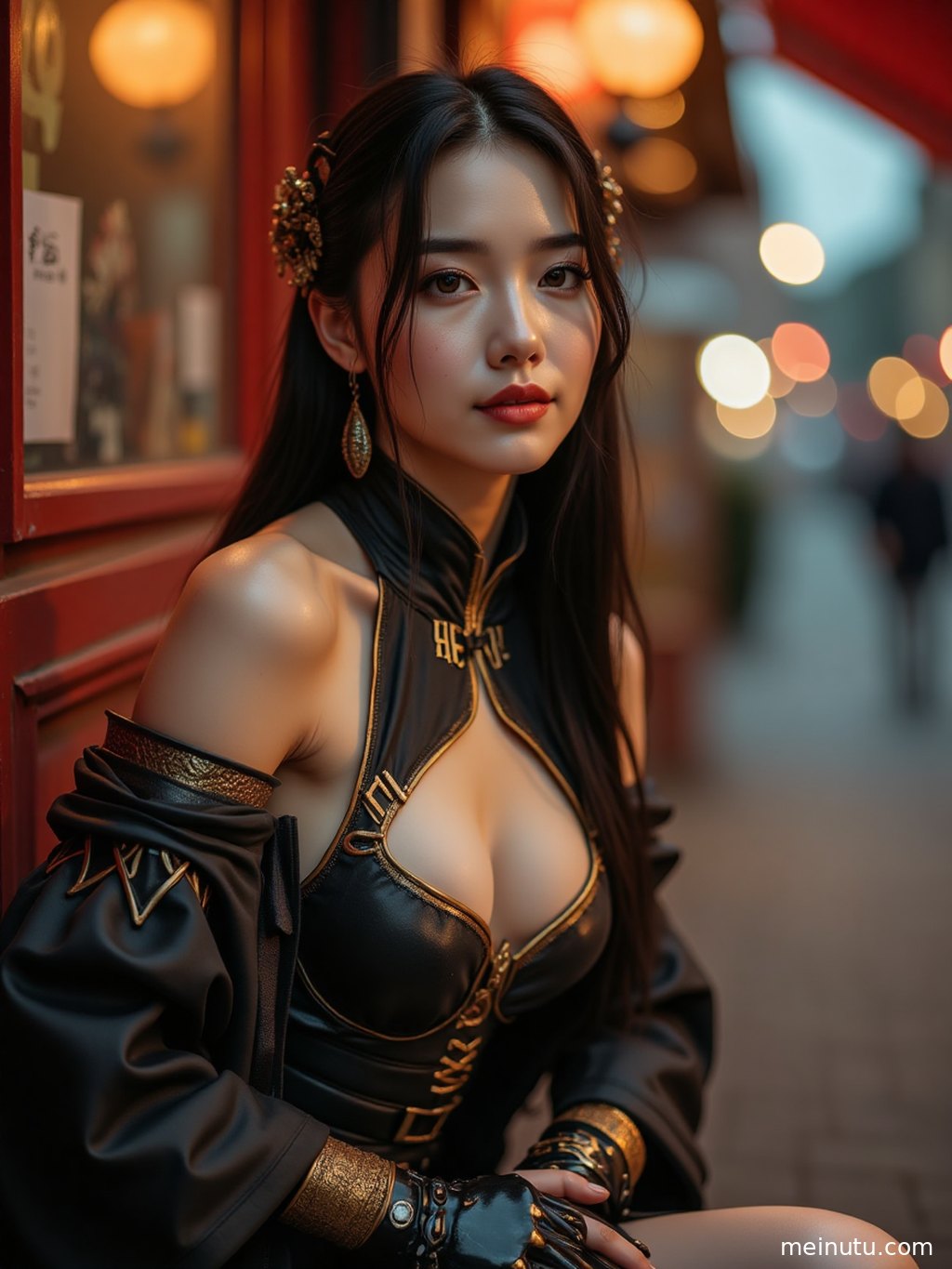 Adult asian cosplay model looking back with a bright smile on a sandy beach at sunset.