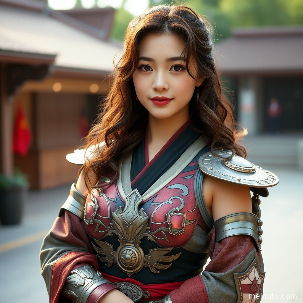 Adult Asian woman in a detailed cosplay outfit posing in a full-body dusk portrait with soft overcast light.