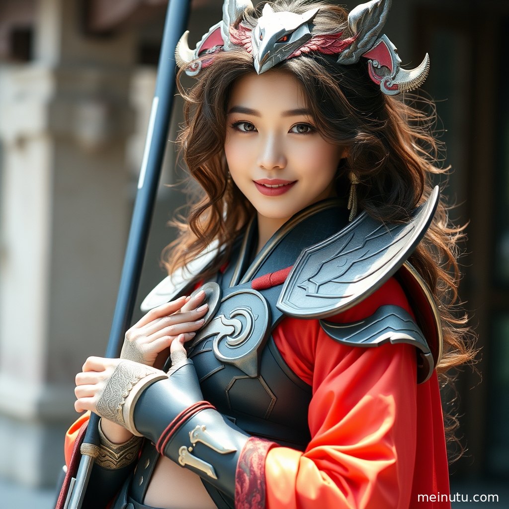 Atmospheric cosplay girl image featuring an adult woman under cloudy evening light with a gentle cinematic mood.