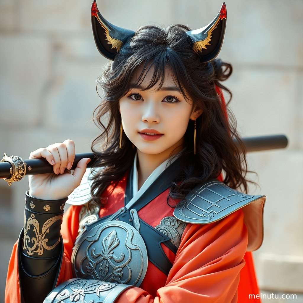 Full-body cosplay photography of an adult Asian model showing costume details and graceful posing at twilight.