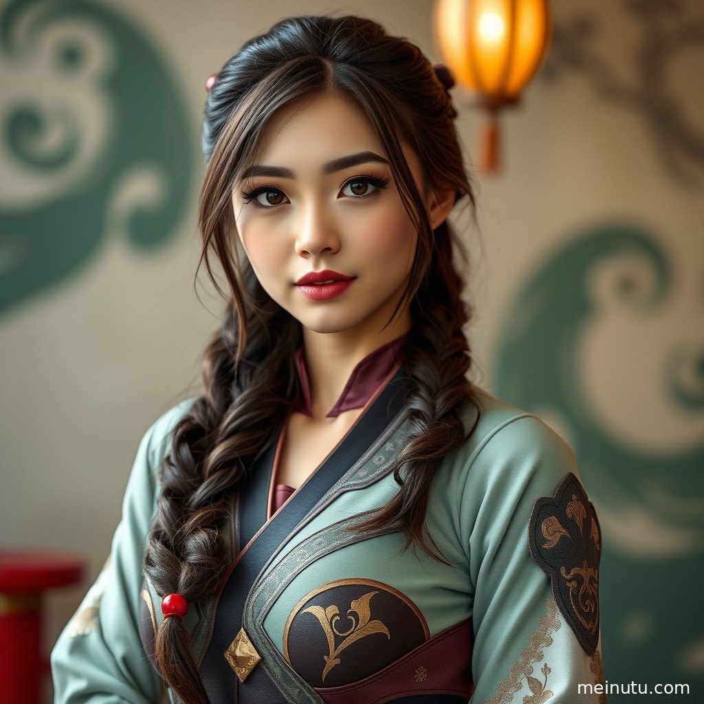 cosplay美女置身绿植庭院，金色侧光突出精致妆容与近景细节。
