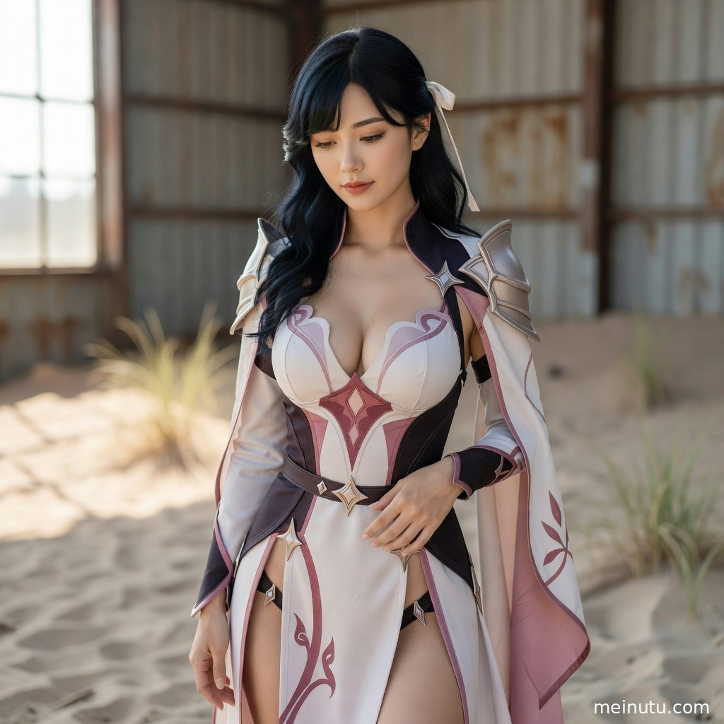 海岸俯拍视角下的cosplay美女写真，夕阳光线勾勒角色造型轮廓。