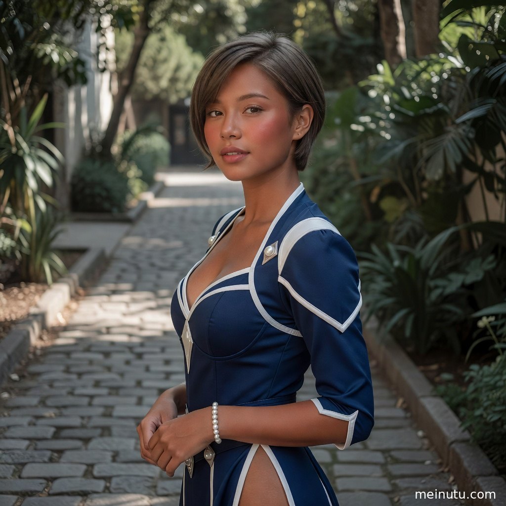Adult woman posing beside a textured wall in layered cosplay clothing with dramatic cinematic shadows.