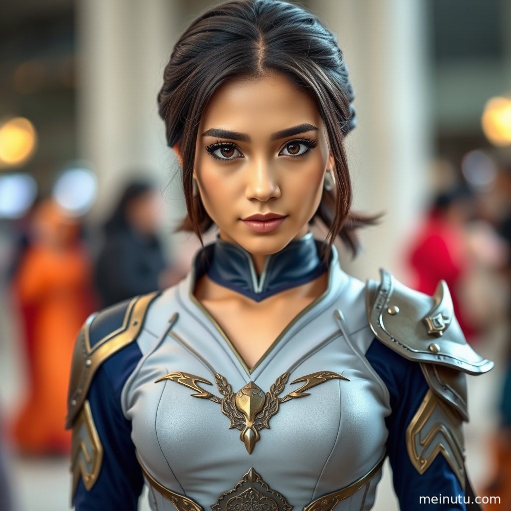 欧美风情cosplay美女以半身视角入镜，晨间光线勾勒面部轮廓与通透肤感。