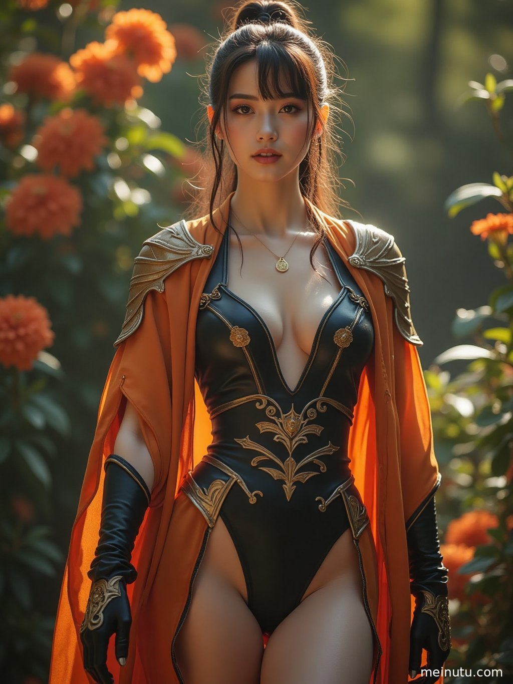 Adult Asian woman in an anime-inspired cosplay outfit smiling over her shoulder on a beach, with soft backlight outlining her silhouette.