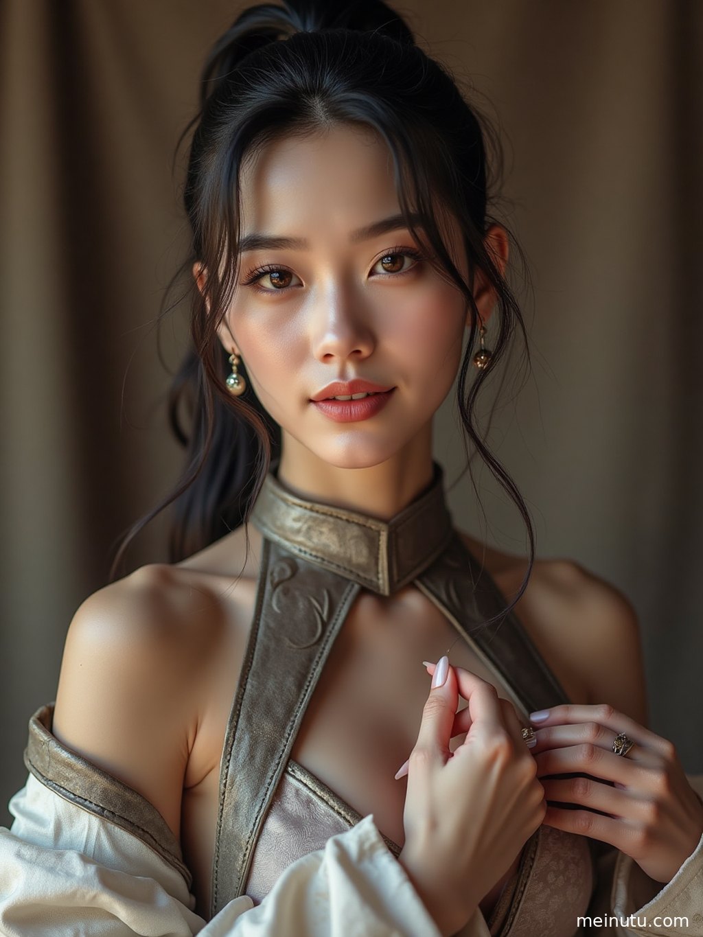 Low-angle portrait of an adult Asian model looking into the distance under warm sunset light at the seaside.