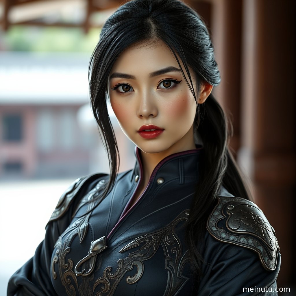 Asian成年女性coser以低角度构图呈现动漫cos造型，服装细节清晰柔和。