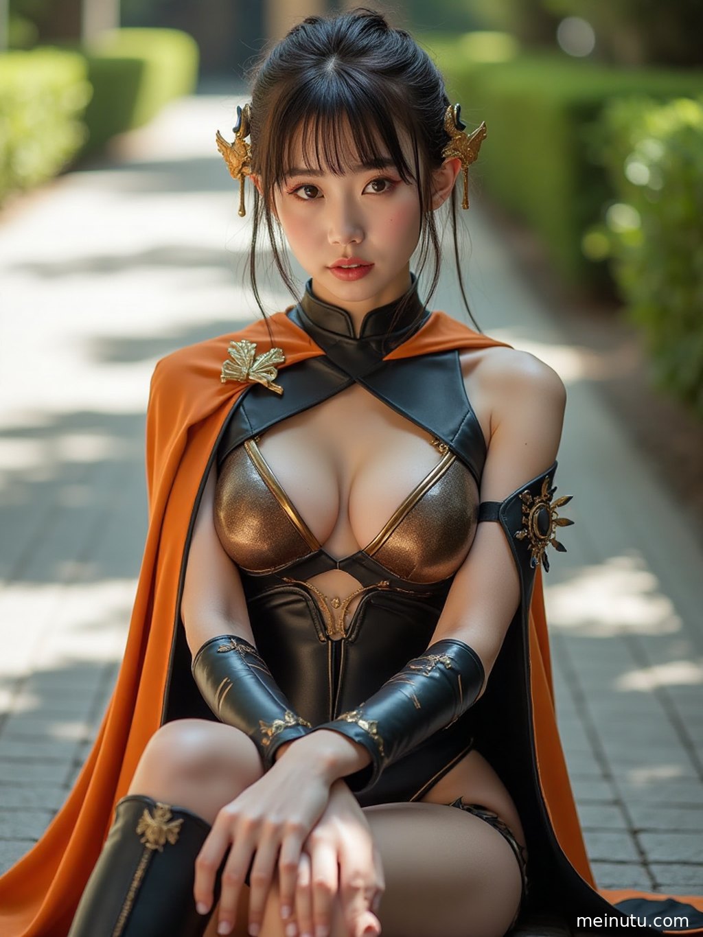 Close-up cosplay photography showing detailed costume fabric, makeup, and carefully crafted accessories.