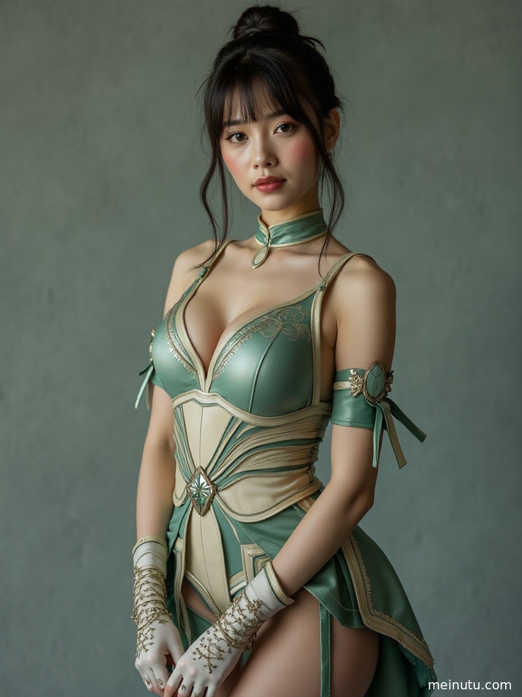 Asian model portrait in a garden setting with expressive eyes and a story-rich cosplay mood.