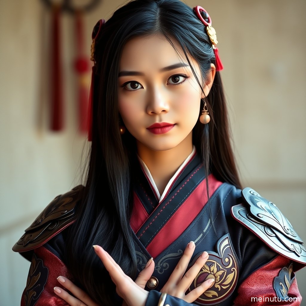 Adult asian woman in an anime-inspired cosplay look, photographed in soft morning diffused light with a focused expression.