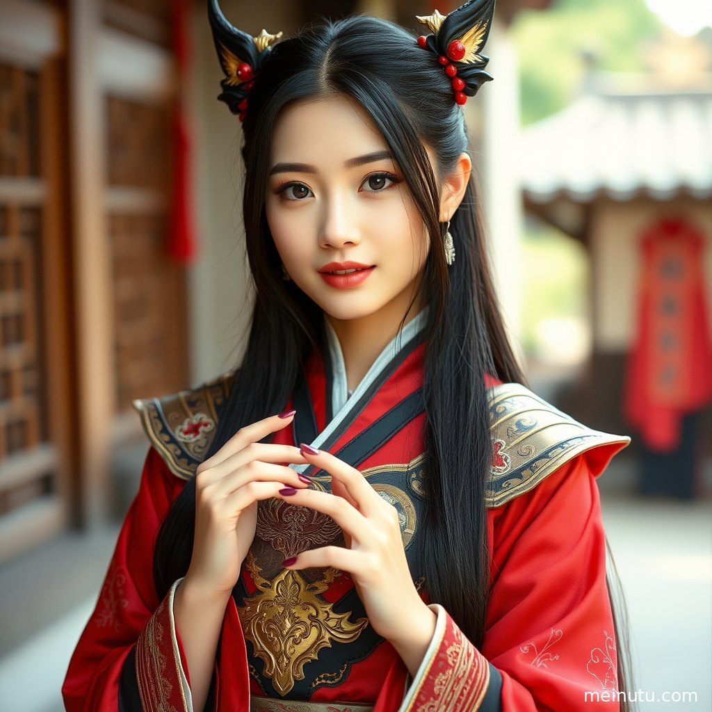 Close-up cosplay girl portrait with gentle overcast lighting shaping the face and costume details.