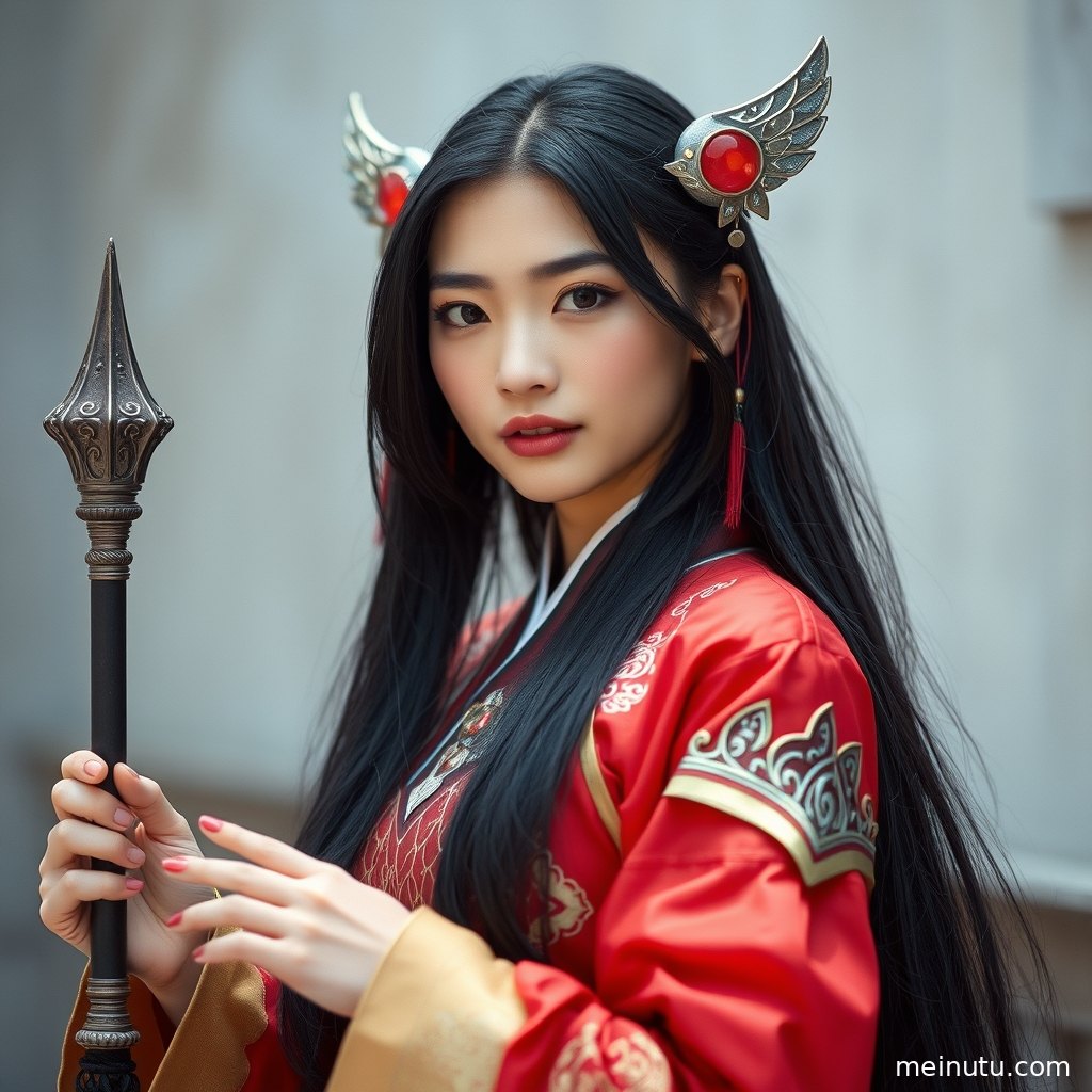 Adult woman in cosplay styling with a blurred background, creating a calm portrait wallpaper mood.