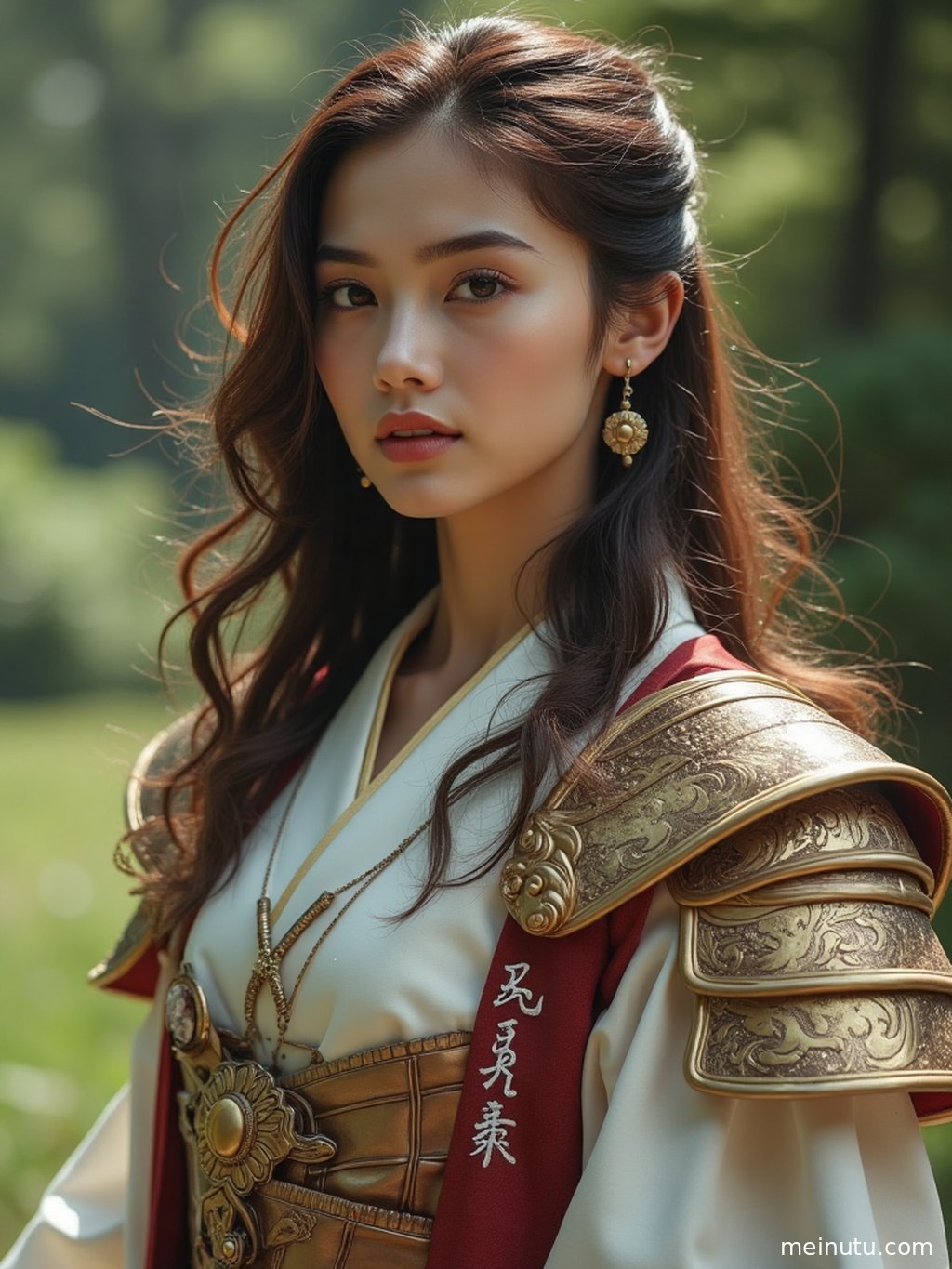 An adult Asian woman in an ornate cosplay costume looks back under warm sunset light, with the skirt moving softly in the breeze.